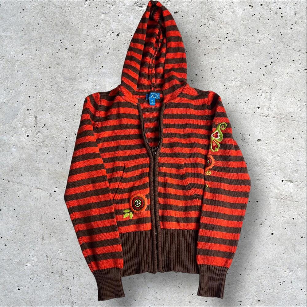 The Children Place Fall Knitted Floral Striped Cardigan Full Zip Sweater Size XL